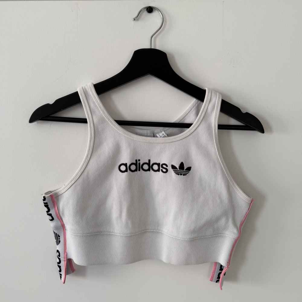 Adidas Originals Women White Ribbed Crop Tank Top Logo Tape DZ0100 Large